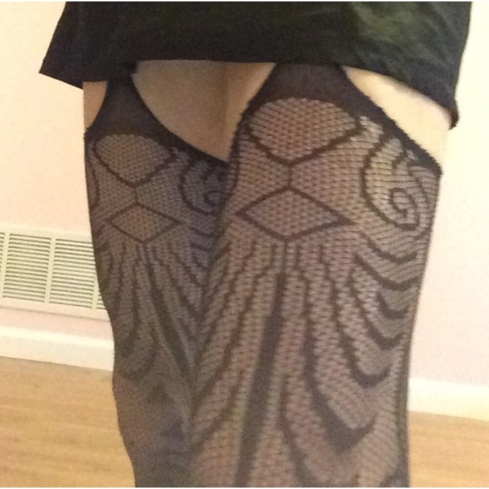 Sheer Black Patterned Garter Tights*Swirl Design*Cosplay*Sissy*Femboy*One Size